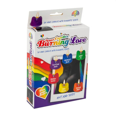 Elegantly displayed Rainbow Burning Love Anus Candles, featuring unique anus shapes and a variety of exotic fragrances, perfect for creating an enchanting atmosphere.